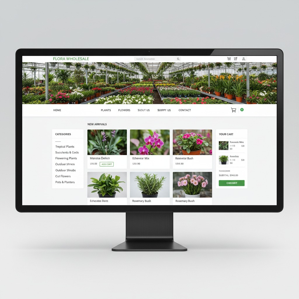 Monitor che mostra la homepage di un sito web di vendita all'ingrosso di piante e fiori.